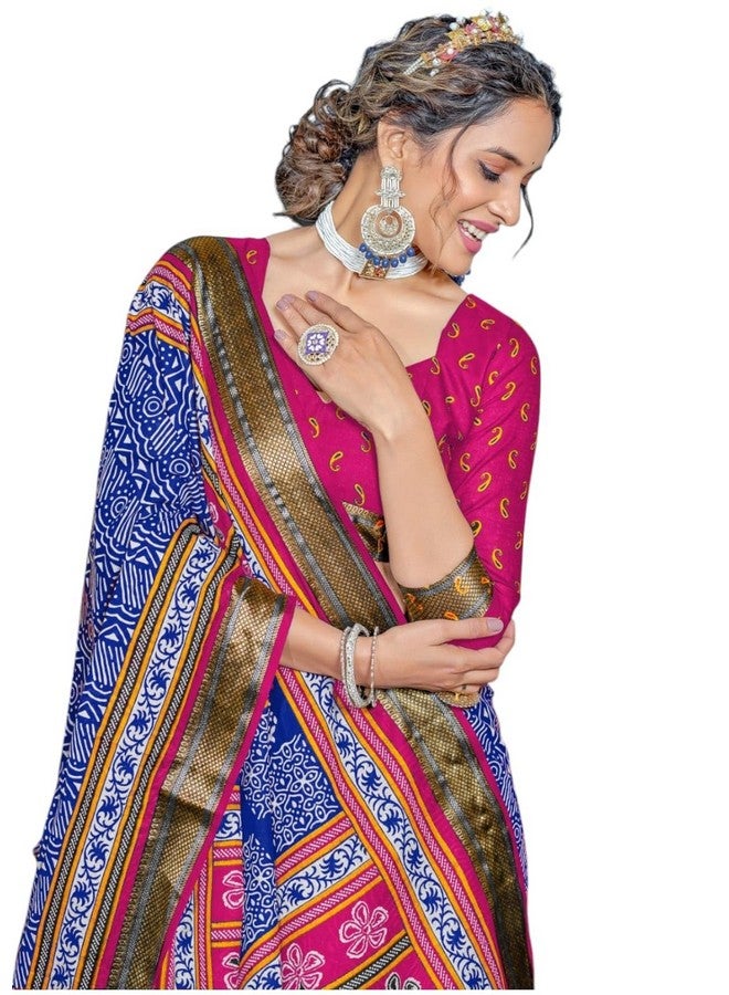 RADHA LAKSHMI ساري ململ قطن ناعم متعدد الألوان من رادها لاكشمي مع حواف زري وقطعة بلوزة غير مخيطة (أزرق) - Image 1