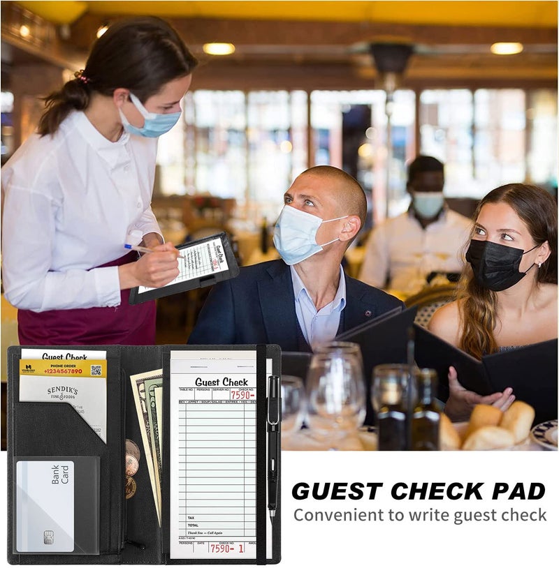 SDDFRHGH Server Book,Waitress Book,5x9 Inch Server Books for Waitress & Waiter, Cute PU Leather Serving Book Guest Check Presenters Organizer with Zipper Pocket + Elastic Band- Black leopard print - Image 3