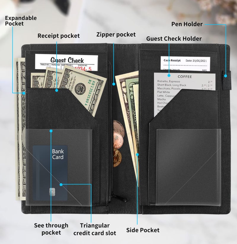 SDDFRHGH Server Book,Waitress Book,5x9 Inch Server Books for Waitress & Waiter, Cute PU Leather Serving Book Guest Check Presenters Organizer with Zipper Pocket + Elastic Band- Black leopard print - Image 4