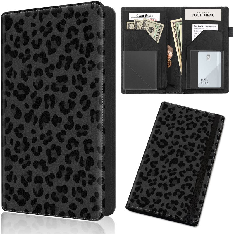SDDFRHGH Server Book,Waitress Book,5x9 Inch Server Books for Waitress & Waiter, Cute PU Leather Serving Book Guest Check Presenters Organizer with Zipper Pocket + Elastic Band- Black leopard print - Image 1