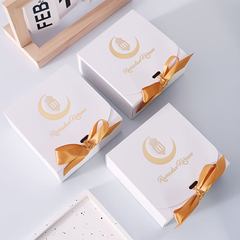 Gifts For Him Or Her 5pcs Ramadan Gift Boxes White Box With Golden Ribbon Large Size Elegant Family Celebration Decor - Image 1