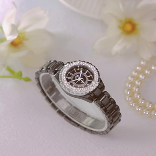 MASTOP Women's Watches Swarovski Crystal Analog Quartz Waterproof White Ceramic Watch for Ladies Bracelet Watch (Black) - Image 2