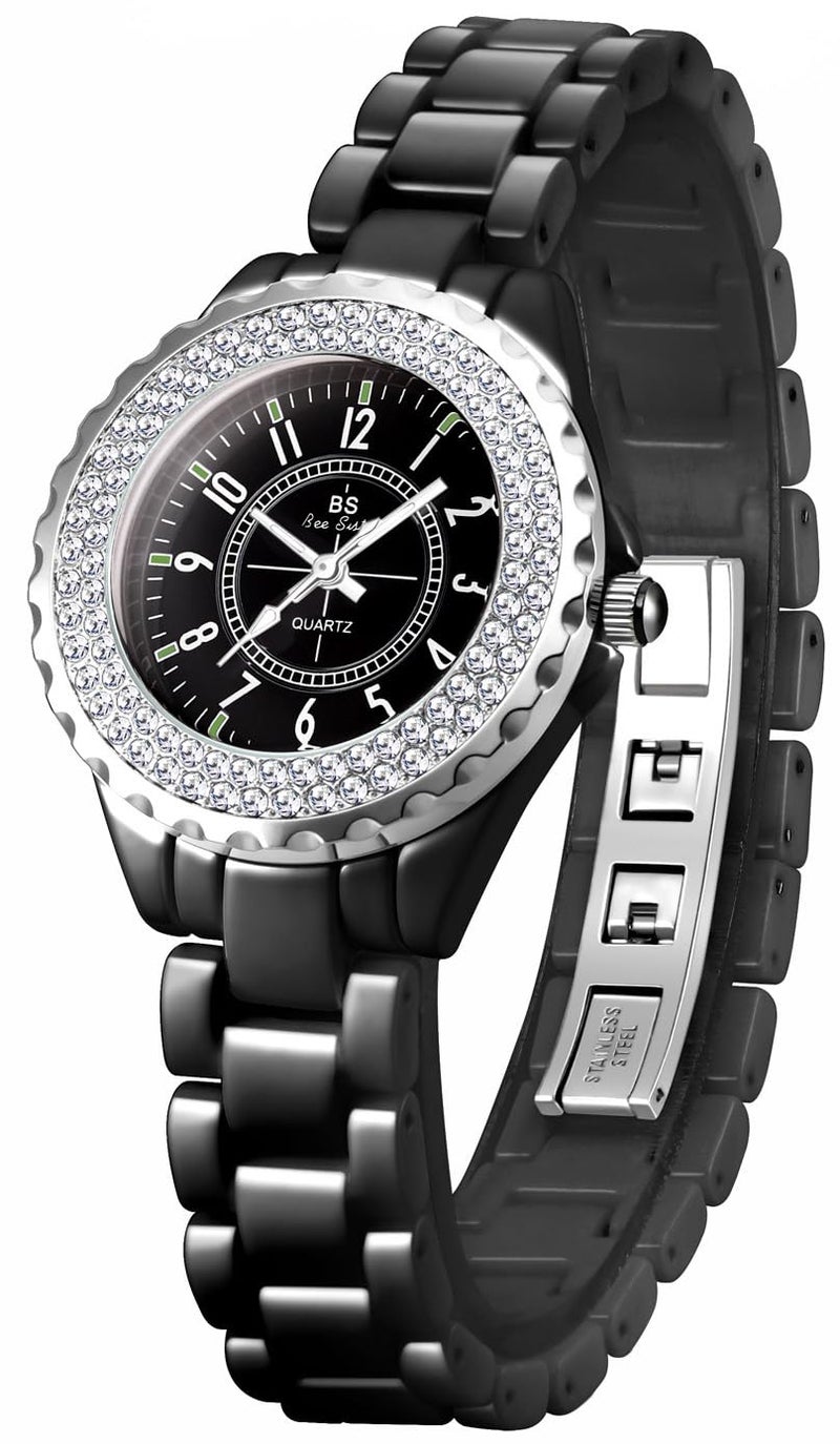 MASTOP Women's Watches Swarovski Crystal Analog Quartz Waterproof White Ceramic Watch for Ladies Bracelet Watch (Black) - Image 1