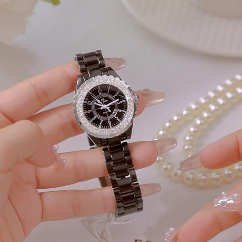 MASTOP Women's Watches Swarovski Crystal Analog Quartz Waterproof White Ceramic Watch for Ladies Bracelet Watch (Black) - Image 4