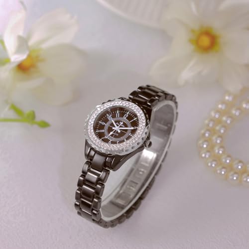 MASTOP Women's Watches Swarovski Crystal Analog Quartz Waterproof White Ceramic Watch for Ladies Bracelet Watch (Black) - Image 5