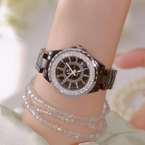 MASTOP Women's Watches Swarovski Crystal Analog Quartz Waterproof White Ceramic Watch for Ladies Bracelet Watch (Black) - Image 3