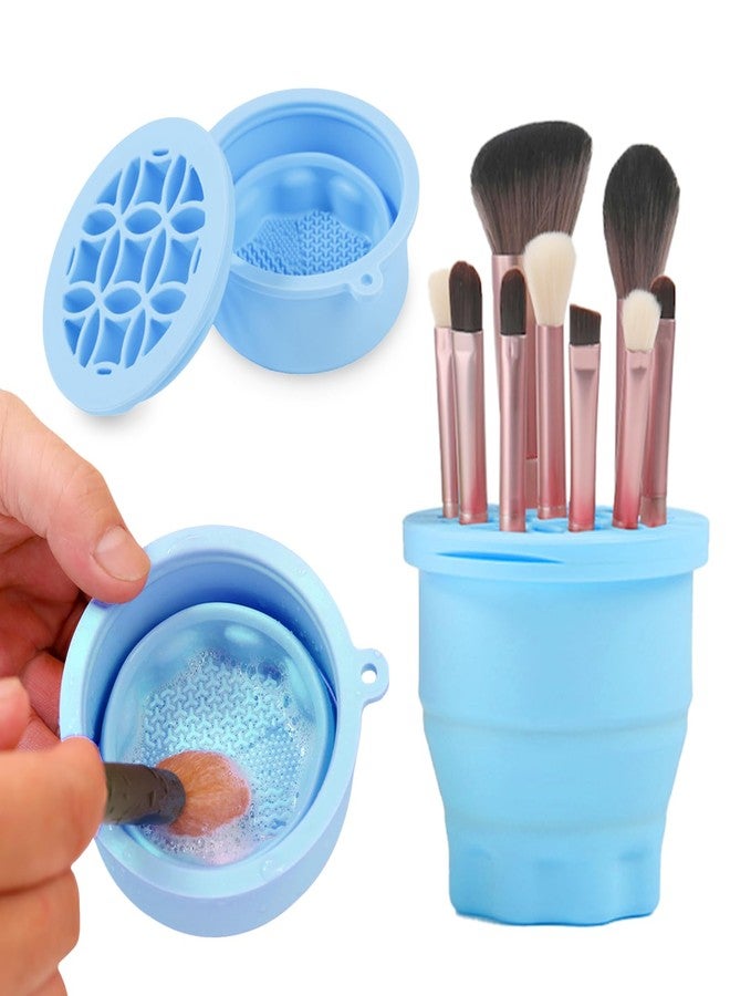 Ranphykx Makeup Brushes Cleaner Mat with Brush Storage Holder, Folding Portable Washing Tool for Makeup Brush Cleaning, 2 In 1 Silicone Brush Cleaner Pad & Cosmetic Brush Organizer Rack (Blue) - Image 1