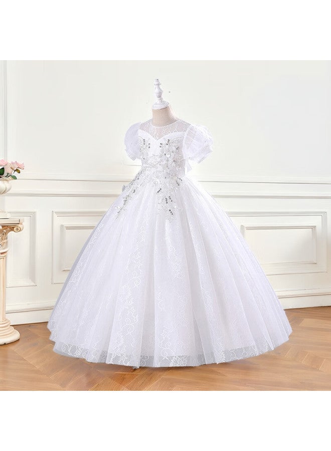 Luobobeibei Girls' Formal Dress, Children's Princess Dress, Wedding Dress, Runway Show Dress, Piano Performance Costume, White, Size 140 - Image 1