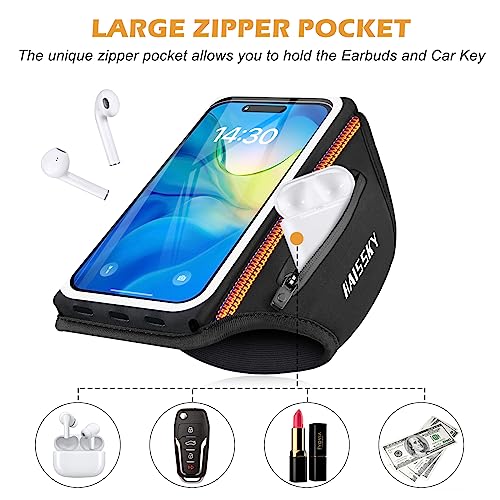 HAISSKY Running Armband with Earphone Bag Cell Phone Armband for iPhone 16 15 Pro 14 Plus 13 11 XR XS, Galaxy S24/S10 Water Resistant Sports Phone Holder Case & Zipper Slot Car Key Holder for 6.9 inch Phone - Image 2