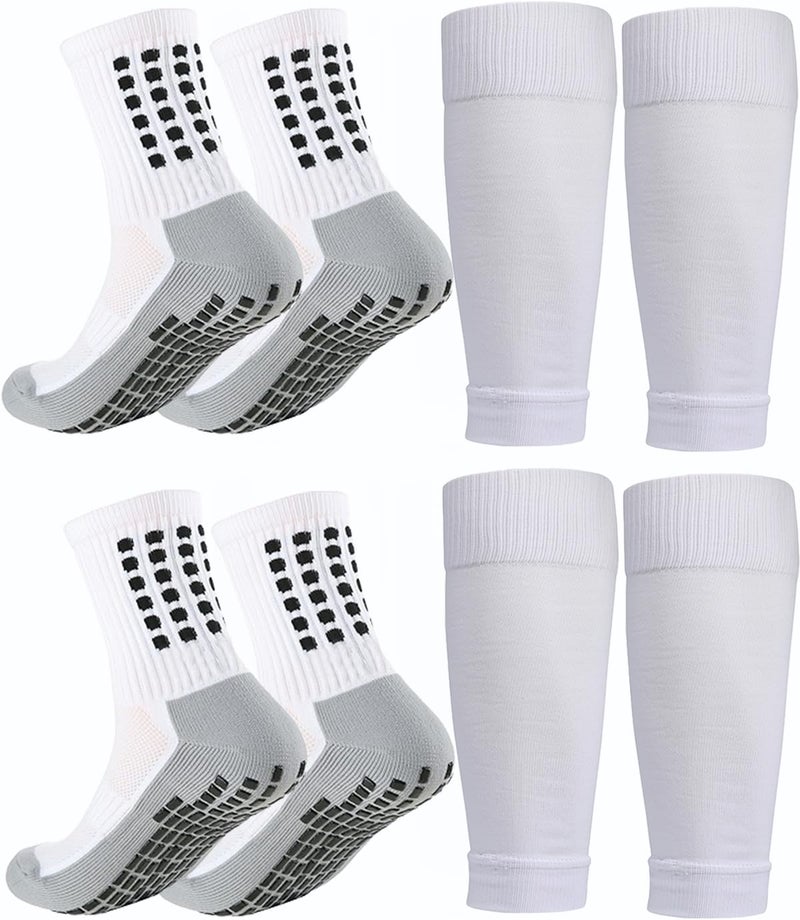 KMOLY 2 Set Kids Grip Soccer Socks and Shin Guard Sleeves for Age 714 Youth Boys Children Football Basketball Training 2 Set White - Image 2