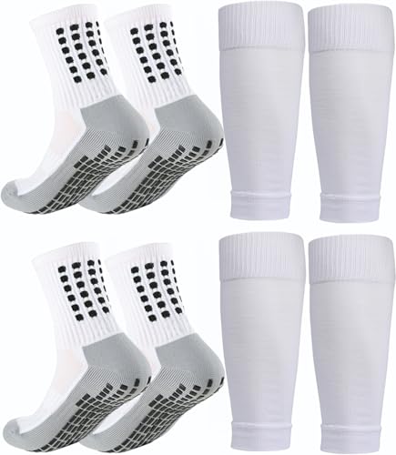 KMOLY 2 Set Kids Grip Soccer Socks and Shin Guard Sleeves for Age 714 Youth Boys Children Football Basketball Training 2 Set White - Image 1
