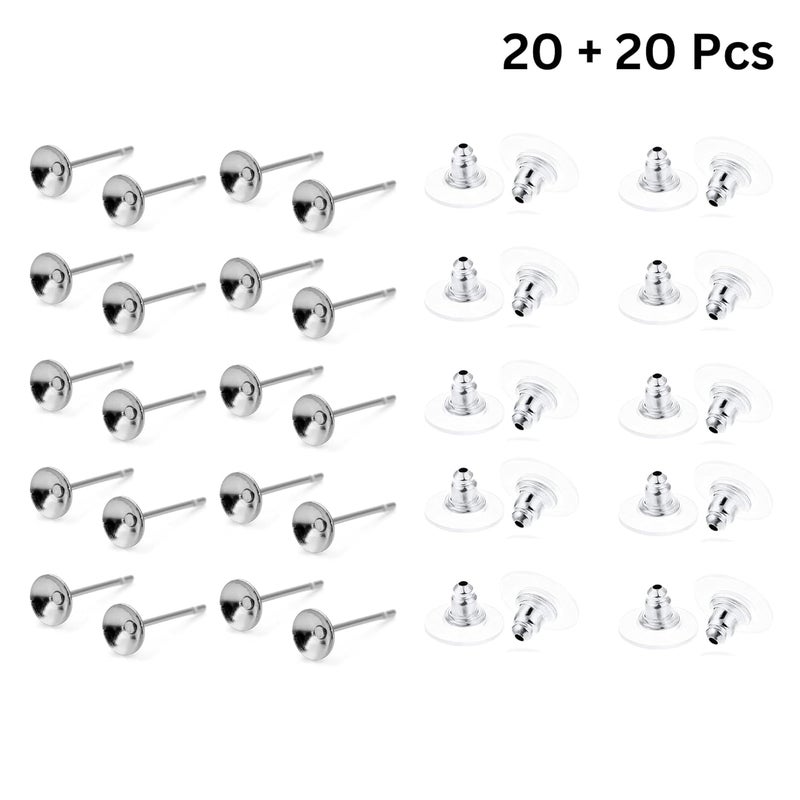 ST logo Cup Pad Blank Earring Pin Studs with Silicone Earring Backs Stopper for Jewelry Making Findings DIY Art & Craft (20 + 20 Pcs Stud + Stopper (Silver)) - Image 2