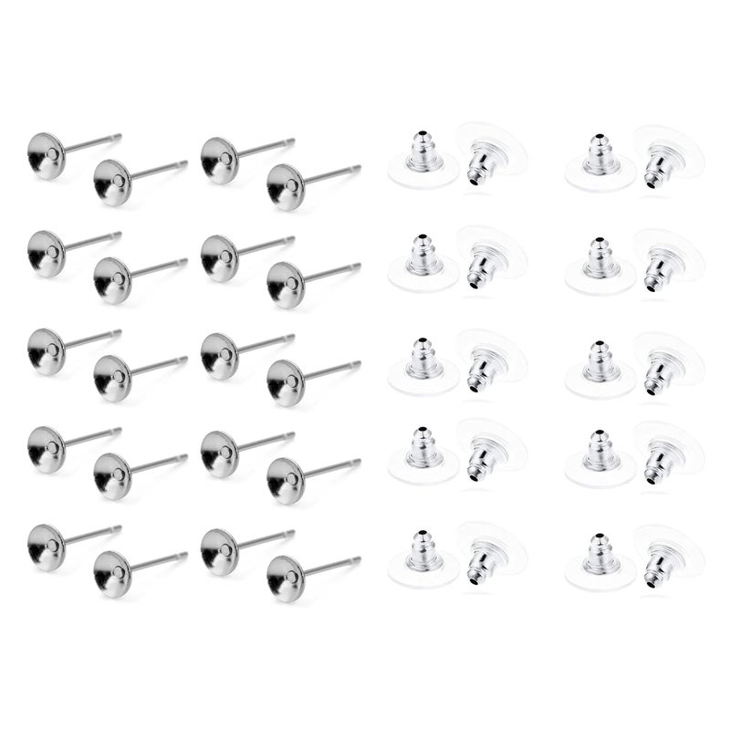 ST logo Cup Pad Blank Earring Pin Studs with Silicone Earring Backs Stopper for Jewelry Making Findings DIY Art & Craft (20 + 20 Pcs Stud + Stopper (Silver)) - Image 1