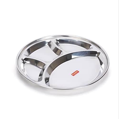 Sumeet Stainless Steel Round 4 in 1 Compartment Lunch/Dinner Plate 1Pc, 32.5cm Dia, Silver - Image 1
