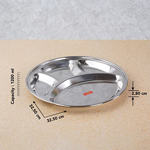 Sumeet Stainless Steel Round 4 in 1 Compartment Lunch/Dinner Plate 1Pc, 32.5cm Dia, Silver - Image 4