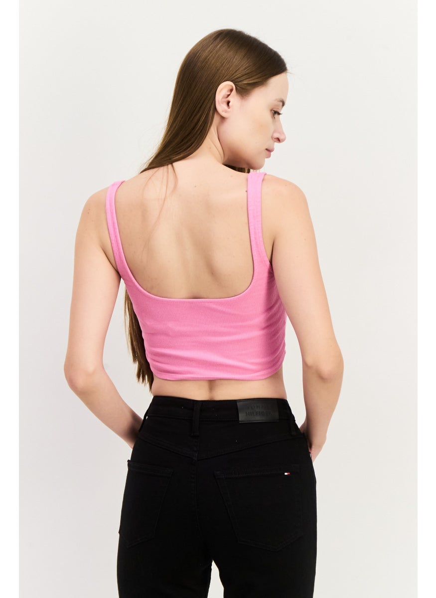 UNDIZ - Women Square Neck Sleeveless Ribbed Detail Tank Top, Light Pink - Image 1