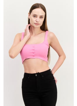 Women Square Neck Sleeveless Ribbed Detail Tank Top, Light Pink