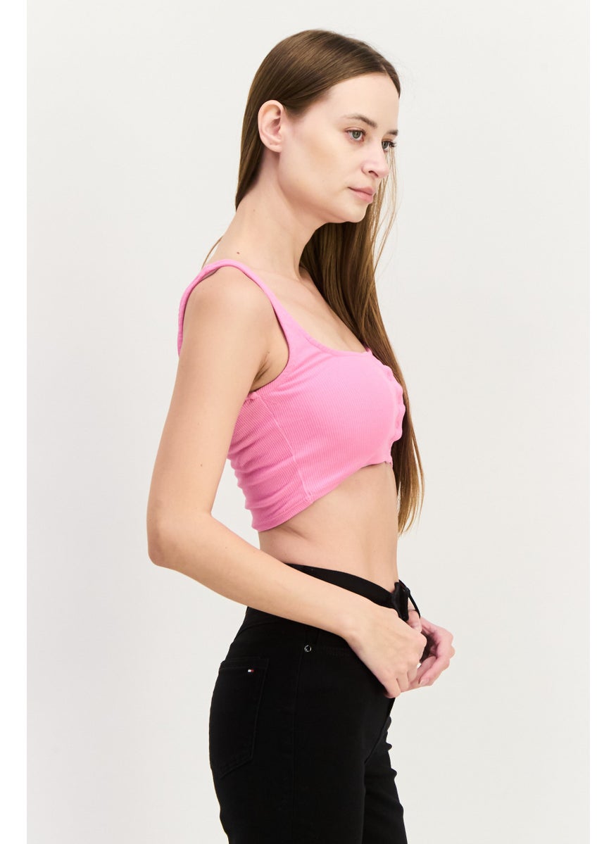 UNDIZ - Women Square Neck Sleeveless Ribbed Detail Tank Top, Light Pink - Image 1