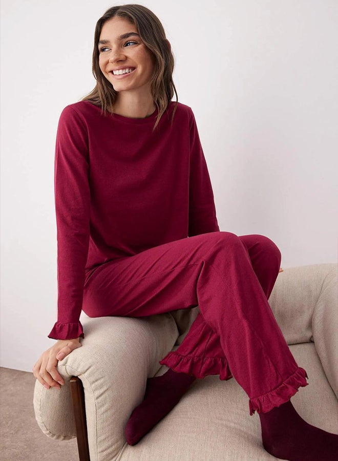 trendyol Burgundy 100% Cotton Ruffled Knit Pajama Set - Image 1