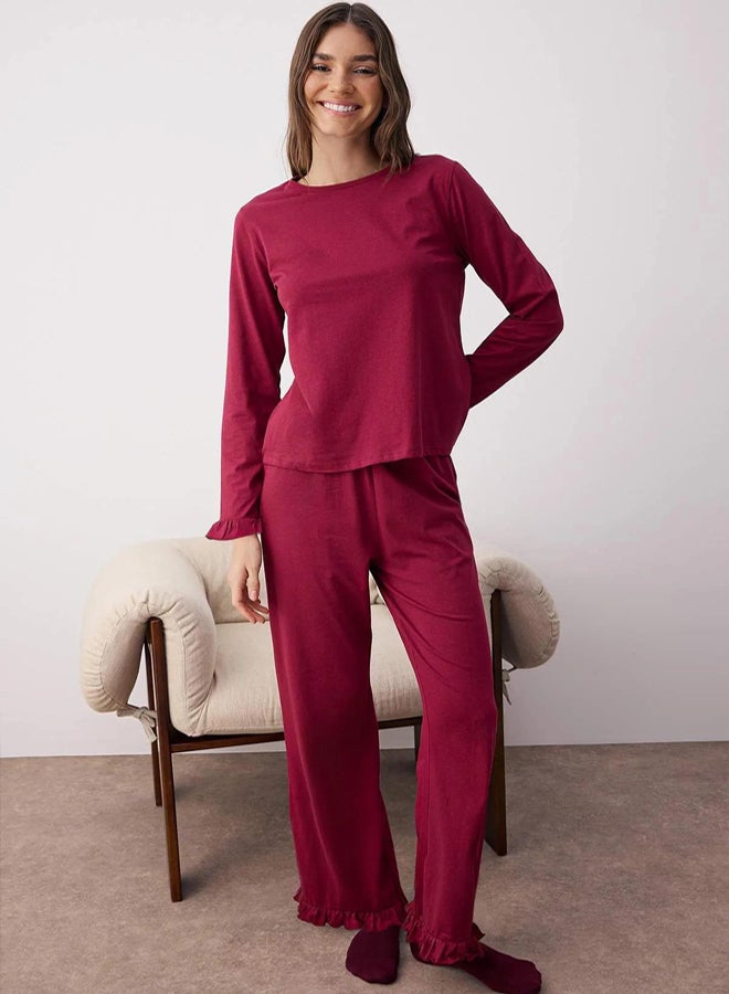 trendyol Burgundy 100% Cotton Ruffled Knit Pajama Set - Image 2