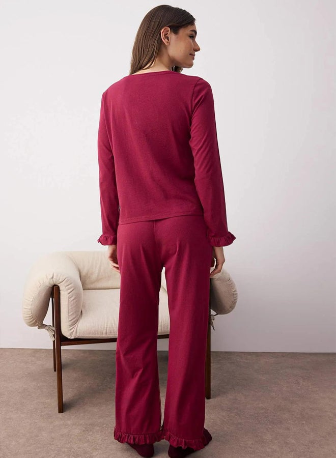 trendyol Burgundy 100% Cotton Ruffled Knit Pajama Set - Image 4