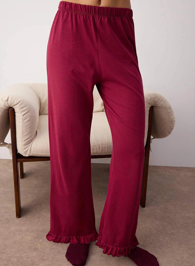 trendyol Burgundy 100% Cotton Ruffled Knit Pajama Set - Image 3