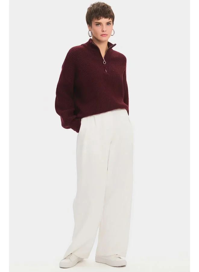 JUNE June Women Soft Texture Zippered Knitwear Sweater Burgundy
