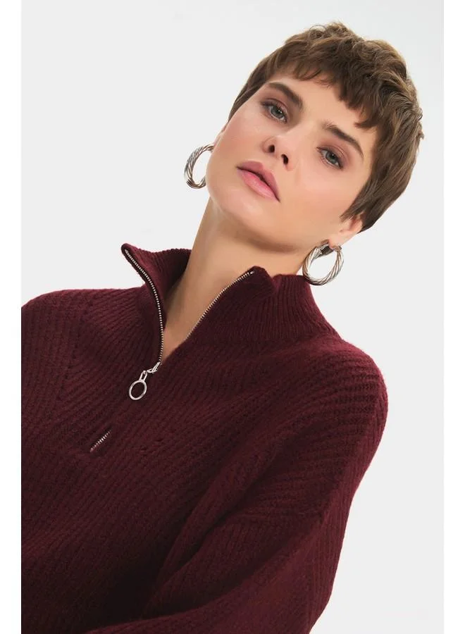 JUNE June Women Soft Texture Zippered Knitwear Sweater Burgundy