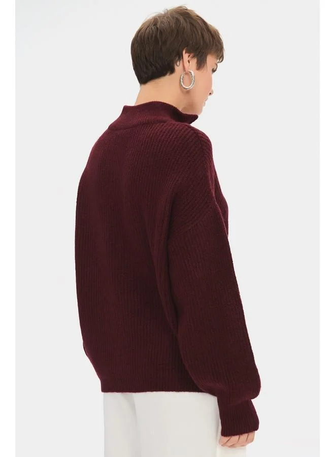 JUNE June Women Soft Texture Zippered Knitwear Sweater Burgundy