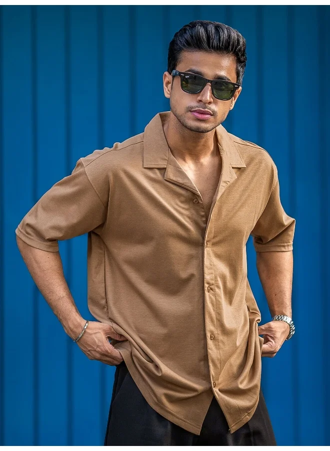 Maniac Maniac Mens Solid Collar Neck Half Sleeve Sand Color CottonBlend Shirt