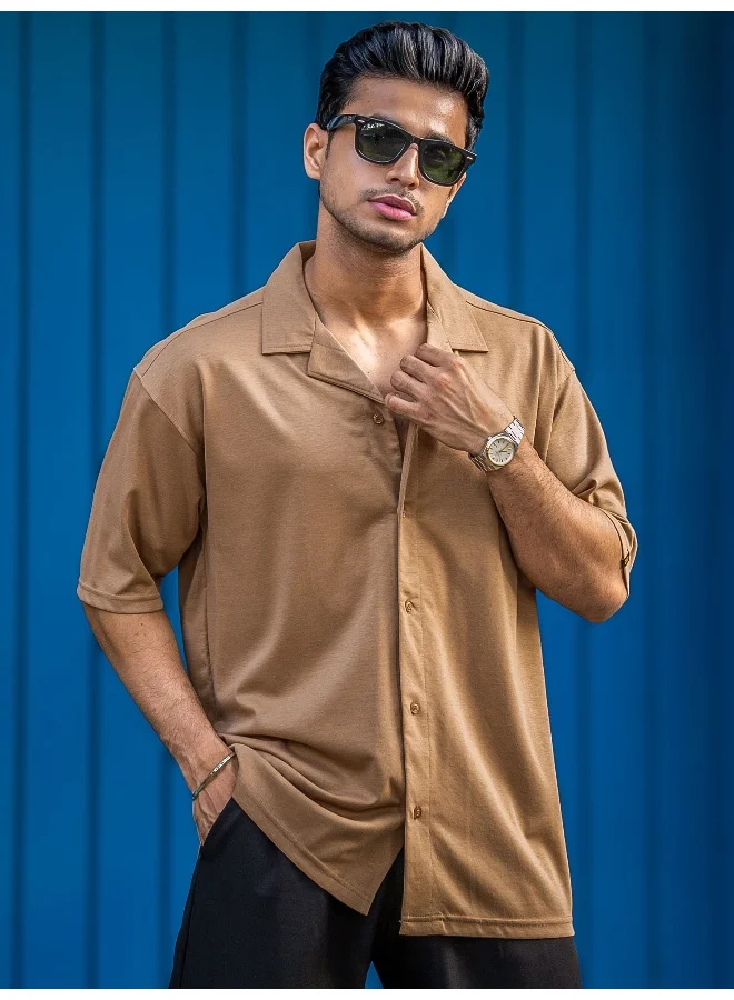 Maniac Maniac Mens Solid Collar Neck Half Sleeve Sand Color CottonBlend Shirt