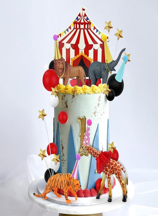 KEEPARTY 43 PCS Circus Cake Decorations Set with Ball Star Hat Cake Topper and Giraffe Elephant Tiger Lion Figures for Carnival Party Supplies - Image 3