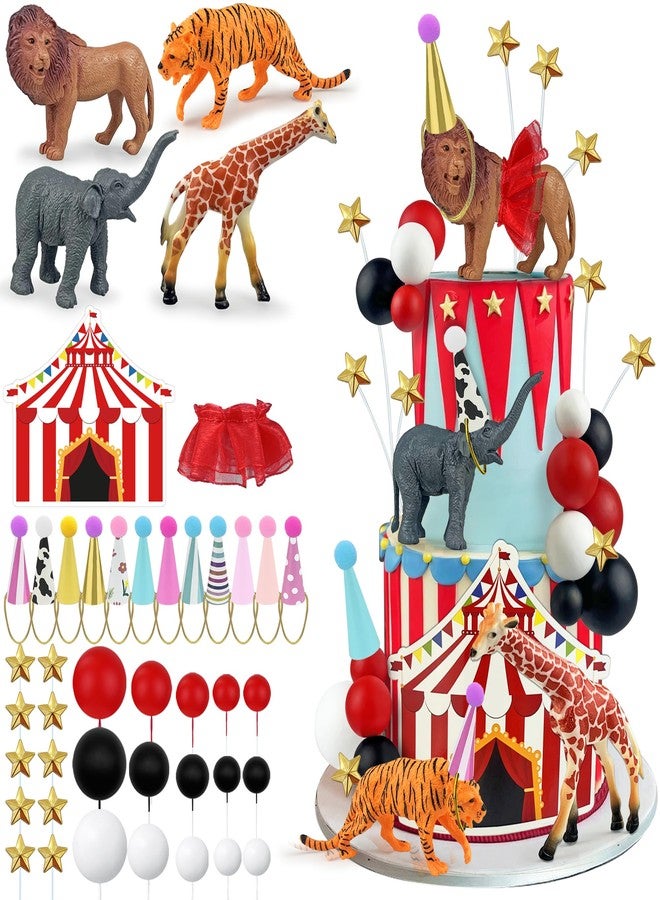 KEEPARTY 43 PCS Circus Cake Decorations Set with Ball Star Hat Cake Topper and Giraffe Elephant Tiger Lion Figures for Carnival Party Supplies - Image 1