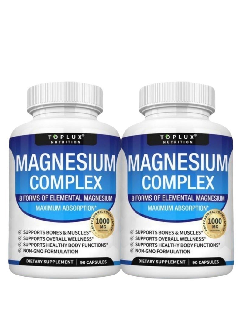 Toplux Magnesium Complex Supplement 8 Elemental Magnesium 1000mg - Magnesium Glycinate, Citrate, Malate, Taurate, Chelated for Easy Absorption for Bones, Muscle, Recovery, Energy, Vegan Non-GMO 90 Capsules - 2 Bottles - Image 1