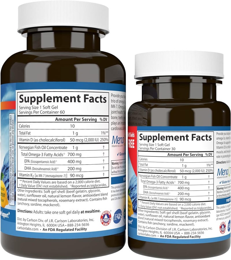 Carlson  Elite Omega3 Plus D  K 700 mg Omega3s  D3  K2 Function Bone Health  Immune Support Lemon 6030 Softgel - Image 2