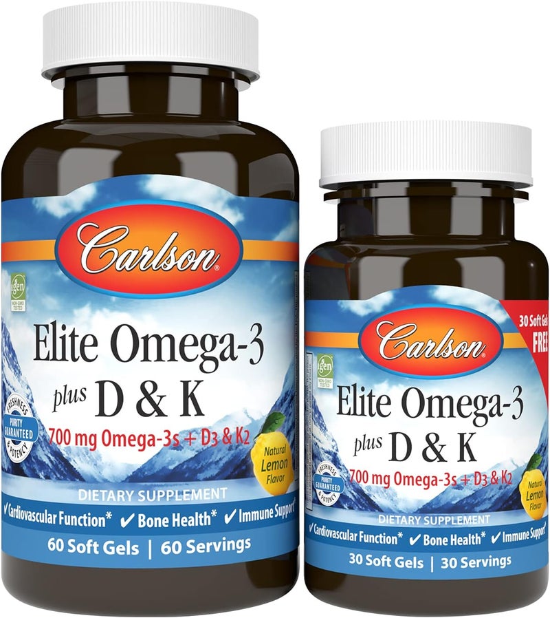 Carlson  Elite Omega3 Plus D  K 700 mg Omega3s  D3  K2 Function Bone Health  Immune Support Lemon 6030 Softgel - Image 1