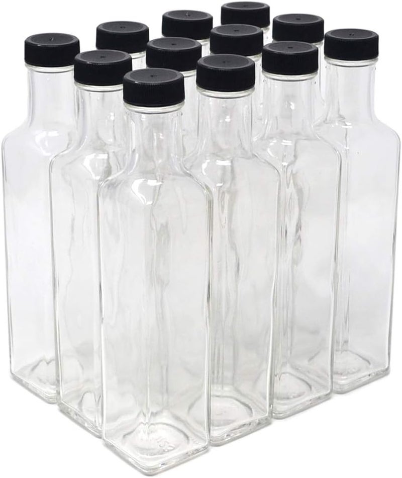 Clear Glass Quadra Bottles, 250ml, Black Caps (8.5 Fl Oz) - Case of 12
