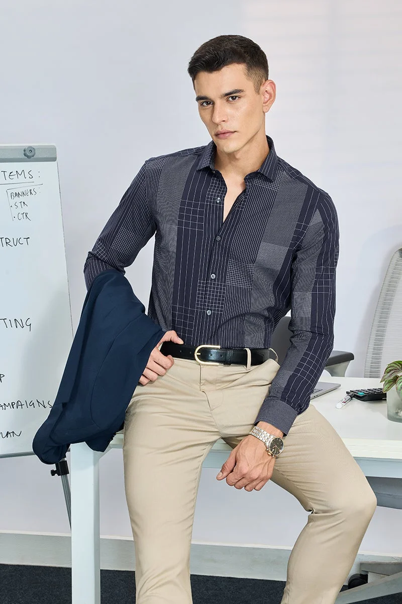 SNITCH Dark Navy Blue Checkered Long Sleeve Slim Fit Formal Shirt