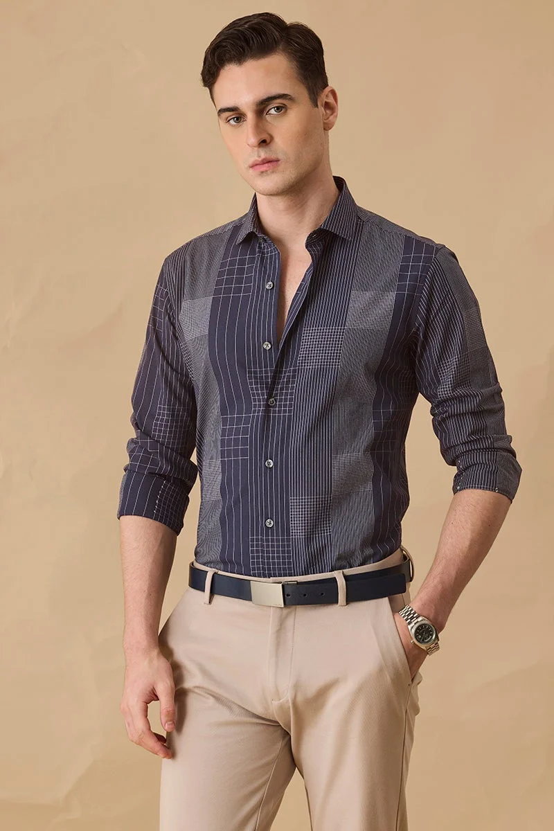 SNITCH Dark Navy Blue Checkered Long Sleeve Slim Fit Formal Shirt