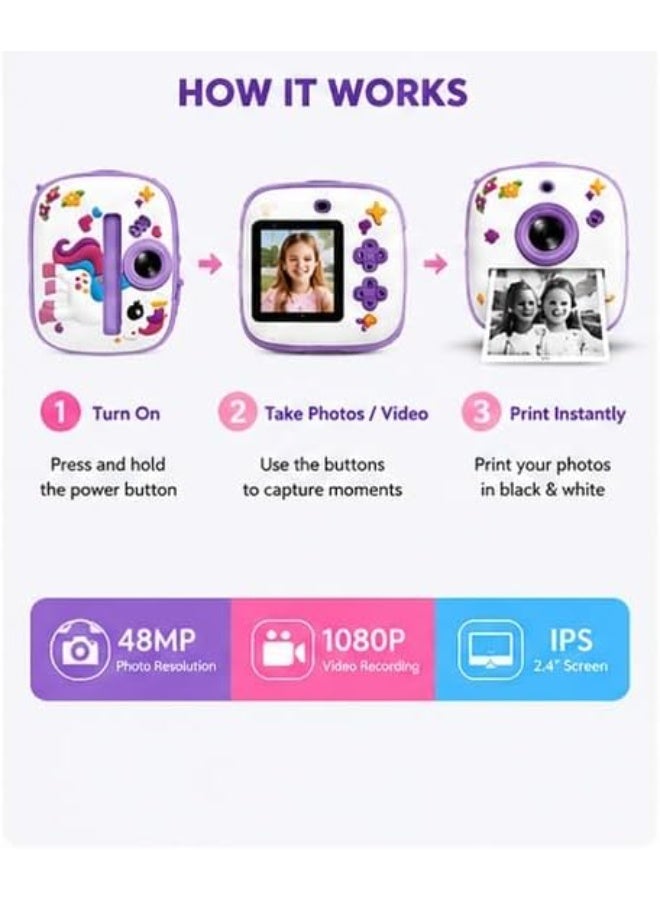 YD Kids Instant Print Camera for Girls, Unicorn Design, 48MP Photo, 1080P HD Video, Black & White Printing - Image 2