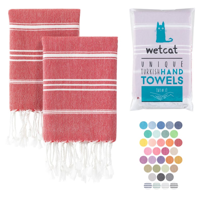 WETCAT Turkish Hand Towels with Hanging Loop Set of 2 20 x 30 100 Turkish Cotton PreWashed Quick Drying for Kitchen or Bathroom  Red