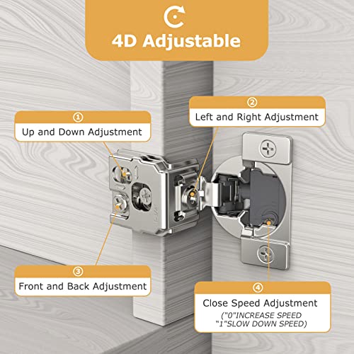 FURNIWARE [Closing Speed Control] 50 Pack 1-1/4 Inch Overlay Soft Close Hinges for Face Frame Cabinet, 4D Adjustment, Stainless Steel Kitchen Cabinet Hardware, 105° Open Concealed Self Closing Hinge - Image 3
