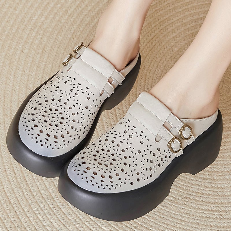 Concubine ethnic style comfortable Chinese style thick bottom hollow-out comfortable round head laser wedge sandals mom shoes - Image 2