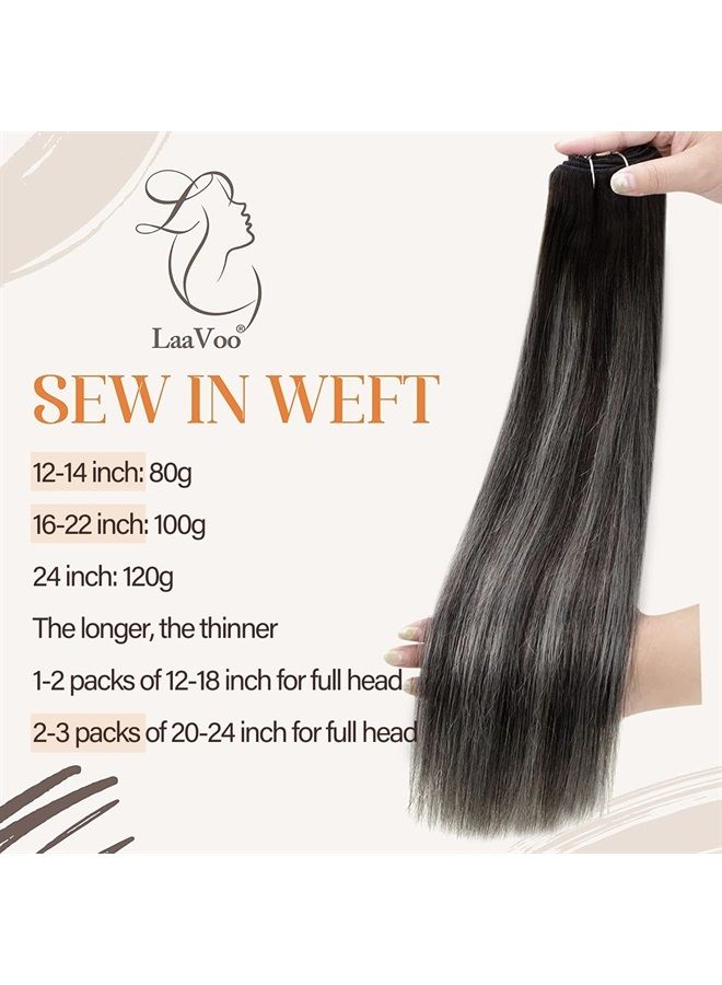 LaaVoo Human Hair Extensions Weft Sew in Black Ombre Silver Real Hair Extensions Sew In Weft Human Hair Extensions for Women 20 Inch 100G