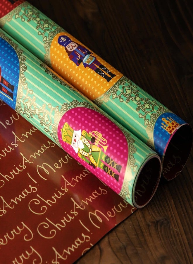 EWES Nutcracker Christmas Wrapping Paper Rolls Set, Vintage Green Cute Matte Retro Gift Wrap, Metallic Pattern with Nutcracker Soldier, Red Burgundy Reversible, Total 28.5sq.ft - Image 3