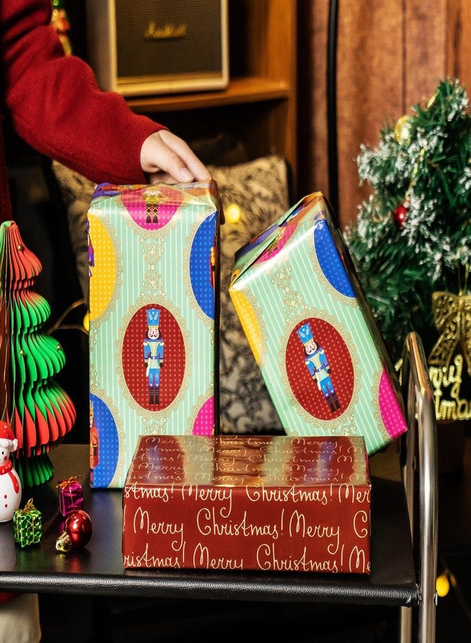 EWES Nutcracker Christmas Wrapping Paper Rolls Set, Vintage Green Cute Matte Retro Gift Wrap, Metallic Pattern with Nutcracker Soldier, Red Burgundy Reversible, Total 28.5sq.ft - Image 4