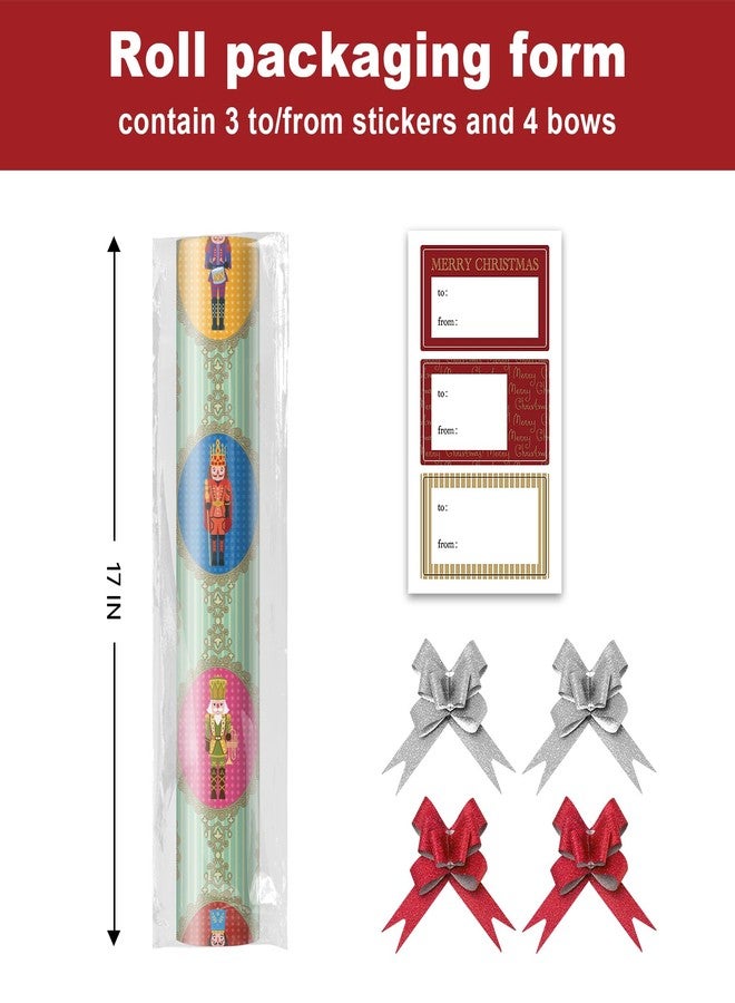 EWES Nutcracker Christmas Wrapping Paper Rolls Set, Vintage Green Cute Matte Retro Gift Wrap, Metallic Pattern with Nutcracker Soldier, Red Burgundy Reversible, Total 28.5sq.ft - Image 2