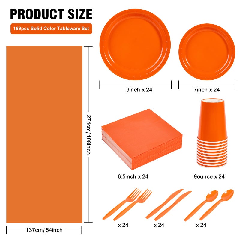 Ottin 169 pcs Orange Paper Plates and Napkins Party Supplies Plastic Spoons Forks Knives Cups Tablecloth Disposable Decoration for Birthday Wedding Party Easter Mother's Day Father's Day - Image 1