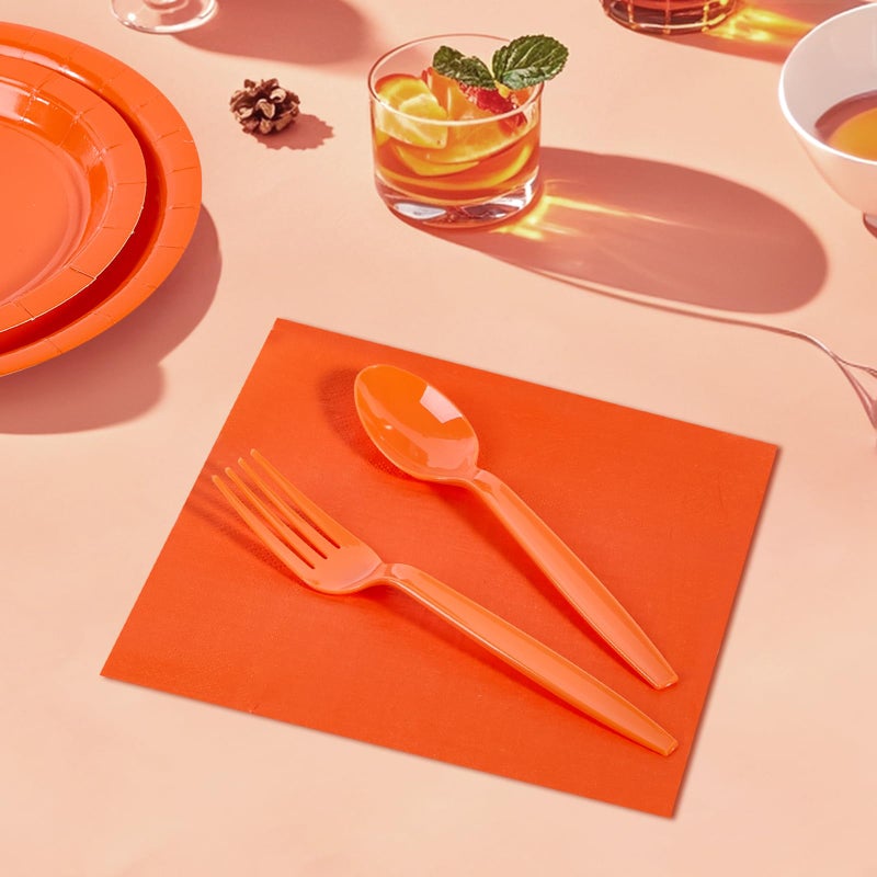Ottin 169 pcs Orange Paper Plates and Napkins Party Supplies Plastic Spoons Forks Knives Cups Tablecloth Disposable Decoration for Birthday Wedding Party Easter Mother's Day Father's Day - Image 3