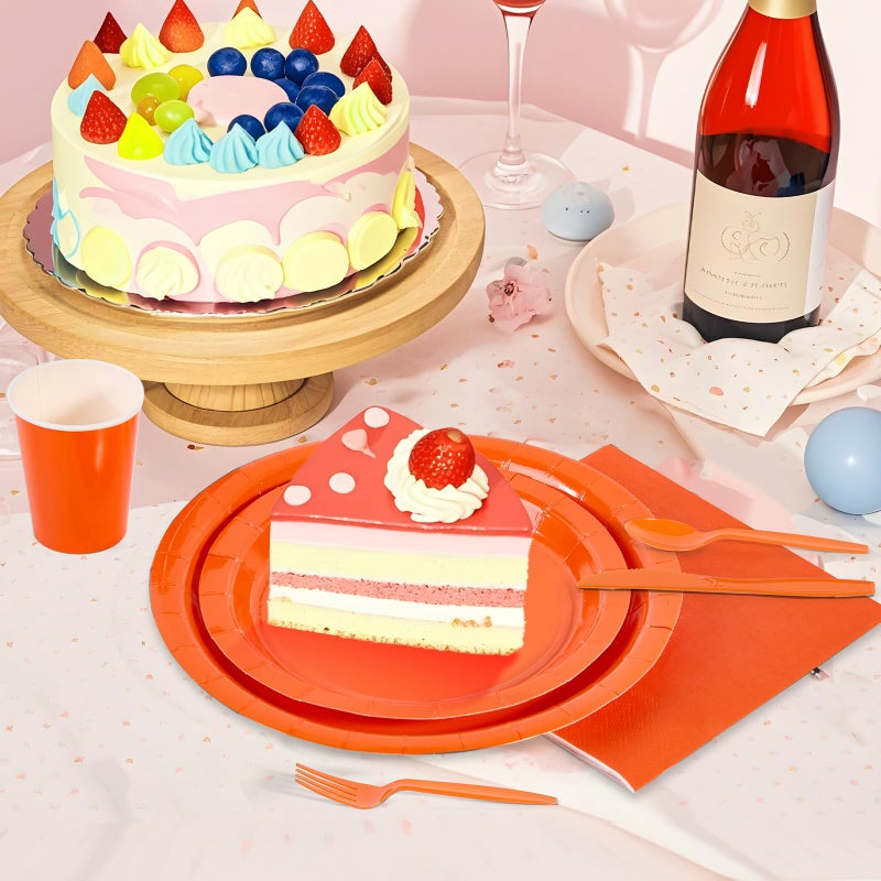 Ottin 169 pcs Orange Paper Plates and Napkins Party Supplies Plastic Spoons Forks Knives Cups Tablecloth Disposable Decoration for Birthday Wedding Party Easter Mother's Day Father's Day - Image 4